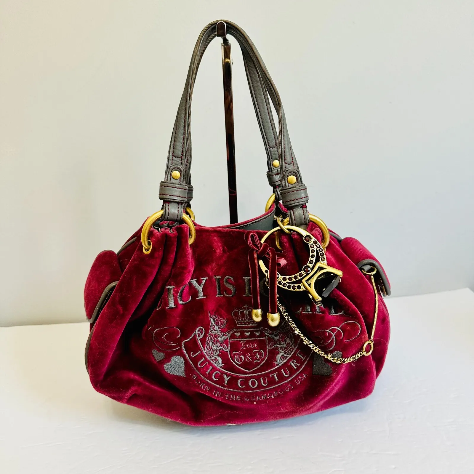 Y2k Juicy Couture "Juicy is for Life" Ring Bling Velour Shoulder Bag Rare