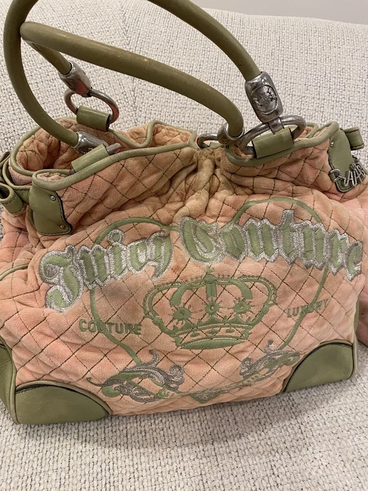 Juicy Couture Pink & Green Rare Vintage Y2K Velour Bag W/ Matching Makeup Bag